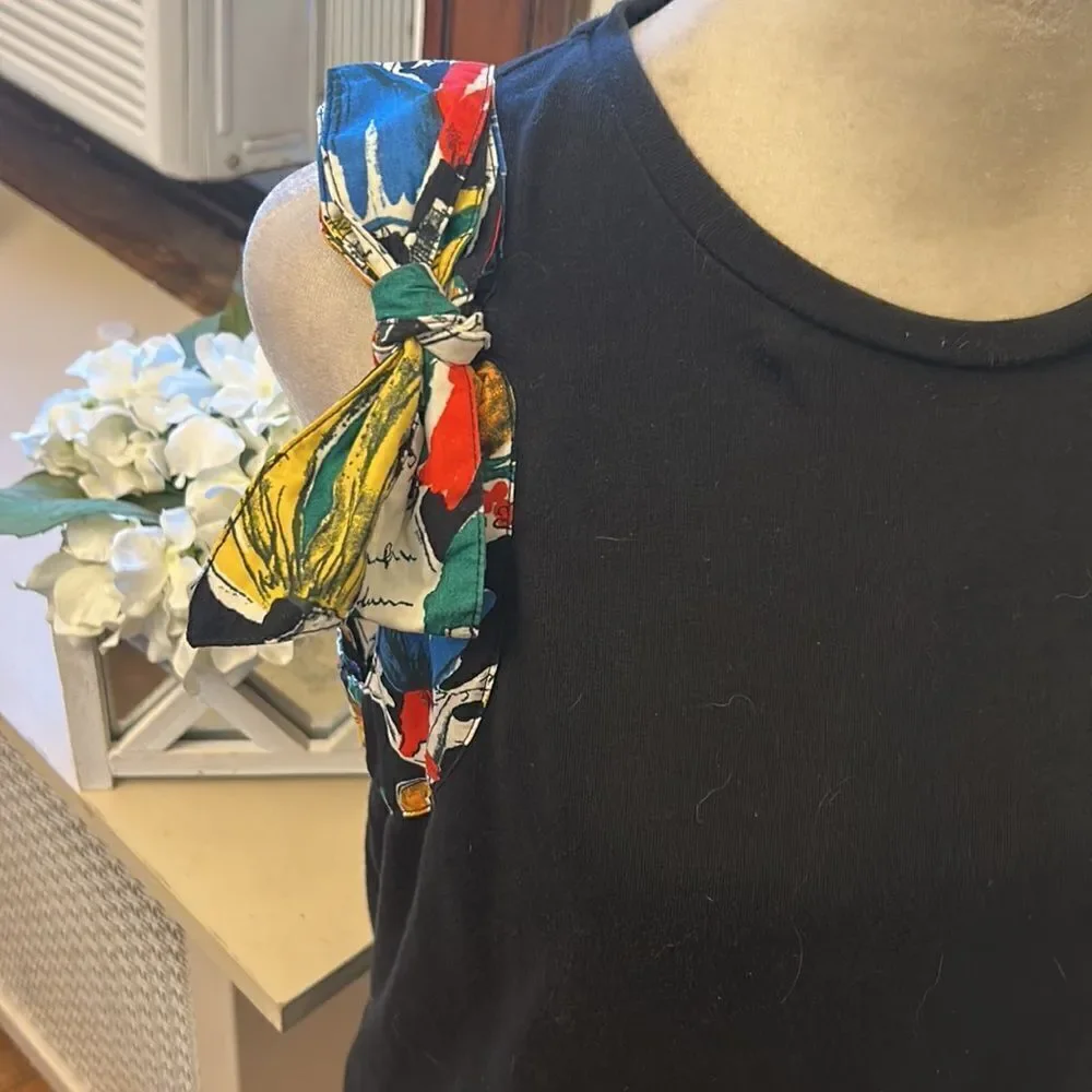 J Crew black sleeveless multicolored bow tie cotton blouse Size M EUC